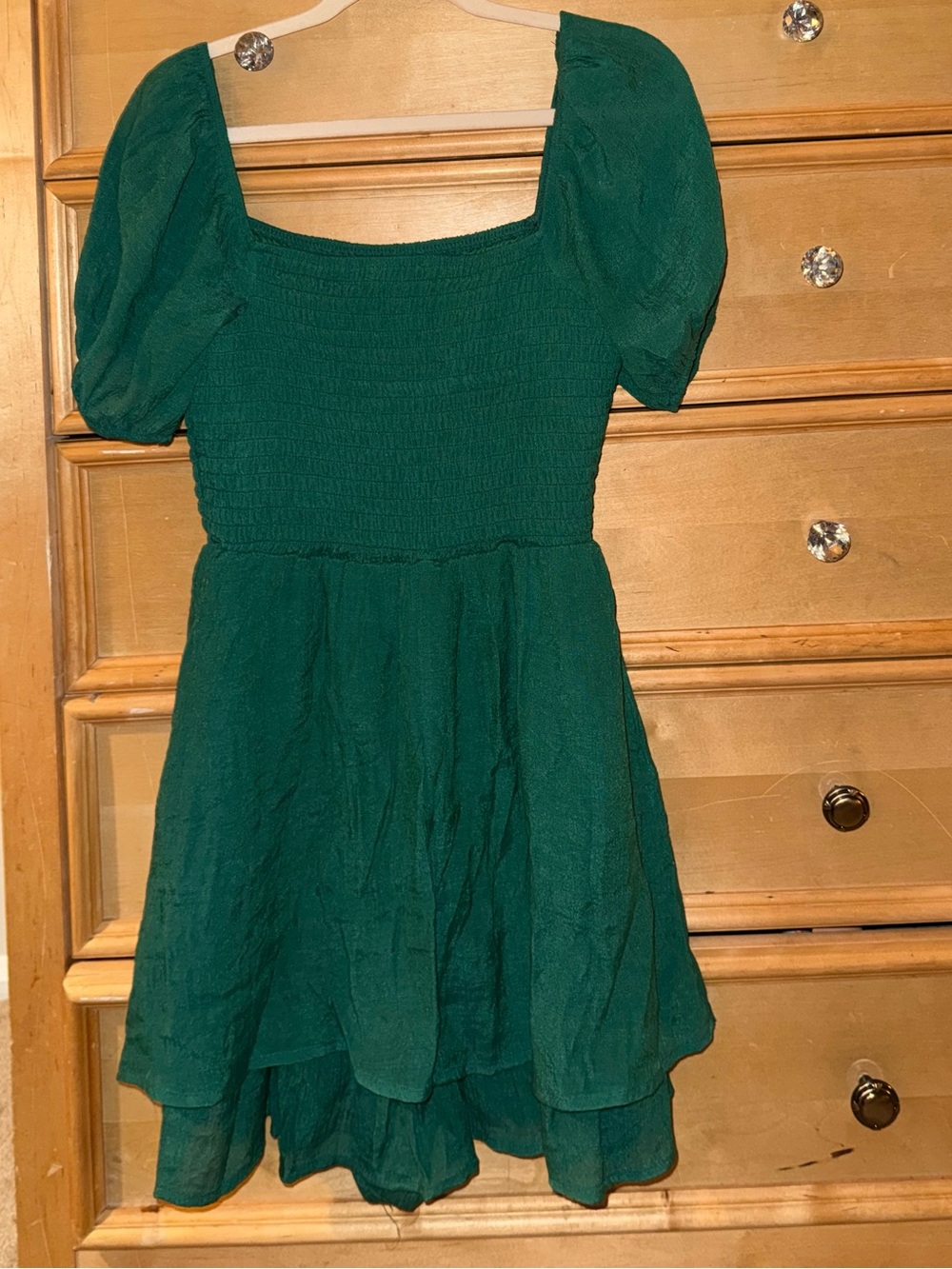 Green Smocked Puff Sleeve Mini Dress